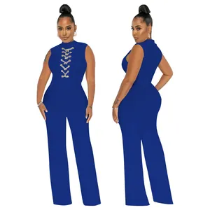 Detailed front and back view of a sexy royal blue sleeveless mock neck wide-leg jumpsuit