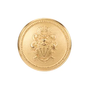High-end circular gold brass metal button with intricate embossed heraldic crest design