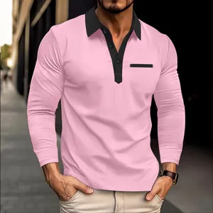 Close-up detail of men's pink and black long-sleeve polo shirt showing the lapel design