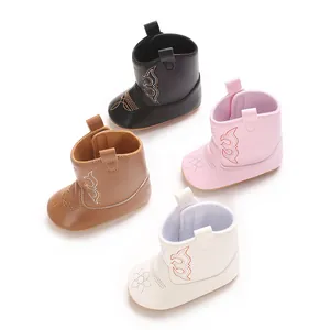 Variety pack of soft PU leather baby cowboy boots in black, pink, white, and brown.