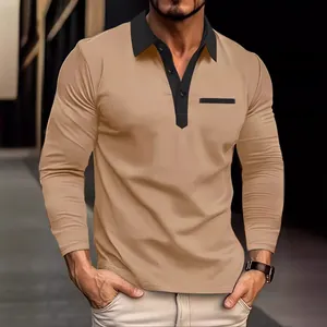 Men Fashion Color Block Long Sleeve Polo Shirt Lapel Button Neck Casual Autumn Winter Polyester Top