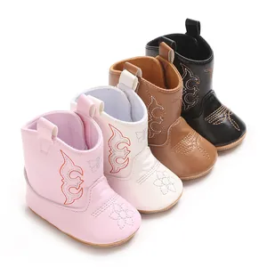 Set of cute baby cowboy boots in four colors with soft PU leather and non-slip soles.