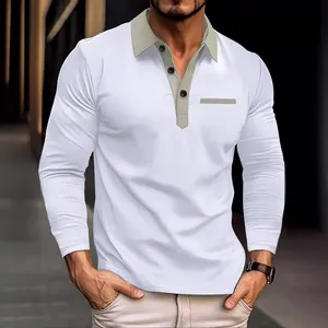 Men's stylish long sleeve polo shirt with contrast collar and chest detail in white