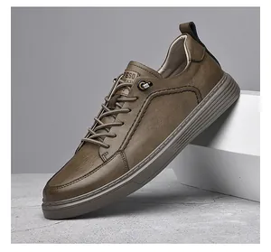 Side view of vintage men's brown leather sneakers with textured finish and thick sole