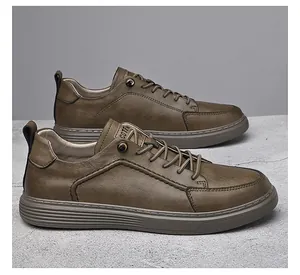 Detailed view of men's retro brown leather casual shoes with textured finish