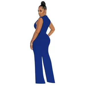 Full view of elegant sleeveless royal blue wide-leg jumpsuit with high neck design
