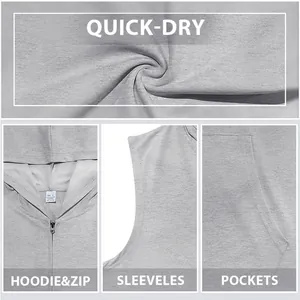 Detailed close-up views of men's gym vest featuring quick-dry fabric, hood, zipper and pockets