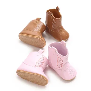Detail of soft PU baby cowboy boots with non-slip soles and decorative stitching
