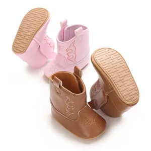 Detailed view of cute baby boots with non-slip soles and western stitching