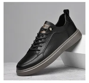 Detailed side view of a black leather men's casual board shoe on a minimalist stand
