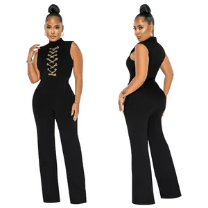 Front and back view of elegant sleeveless high-neck wide-leg jumpsuit with chain detail