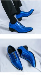 Fashionable men's blue metallic pointed-toe dress shoes with a front zipper detail