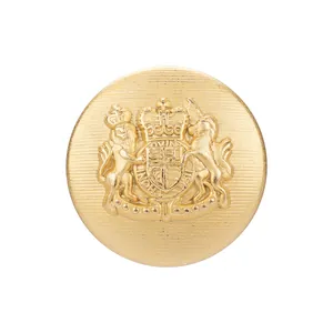 Premium vintage gold brass button featuring an embossed royal coat of arms for luxury apparel