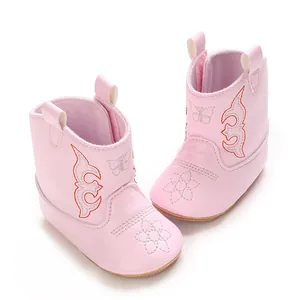 Soft pink PU leather baby walker boots with embroidered flower and butterfly details