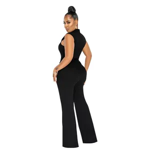 Back view of a sleek sleeveless black jumpsuit with a standing collar and flared legs.