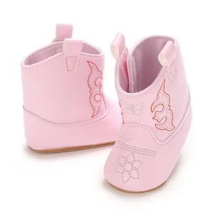 Adorable pink baby cowboy booties with soft PU leather and floral embroidery details