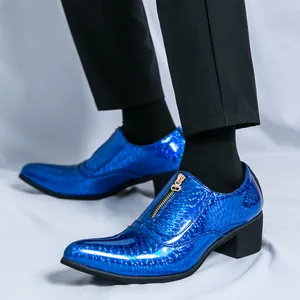 Stylish electric blue shiny men's dress shoes with zipper and pointed toe