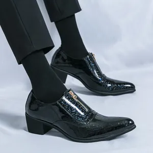 British style pointed-toe men's patent leather shoes with gold zipper and heel.