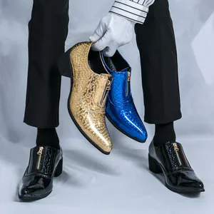 Stylish British style men's pointed toe dress shoes in metallic gold, blue and black