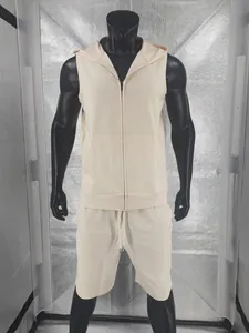 Men's sleeveless hooded gym tracksuit with zipper vest and casual sports shorts in cream