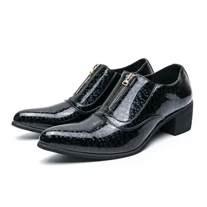 Trendy British style men's black pointed toe leather shoes with zipper and block heel