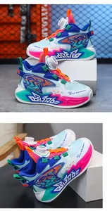 Detail view of colorful children's basketball shoes with breathable mesh and rotary buckle