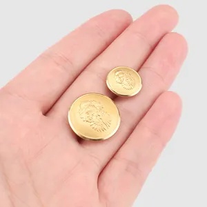 Set of two high-end golden brass buttons featuring detailed lion head relief held in hand