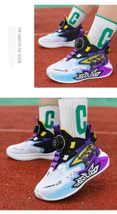 Kids basketball shoes with rotating dial buckle and breathable mesh in purple and blue
