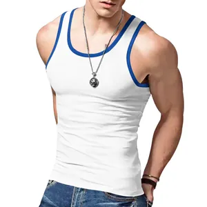 Close-up of a men's slim fit tank top featuring blue contrast trim on white fabric.