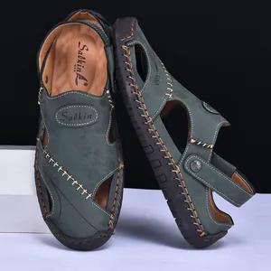 Detailed view of men's leather outdoor sandals with premium hand-stitched craft