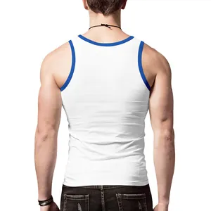 Back view of a men's slim fit white tank top featuring stylish blue contrast trim