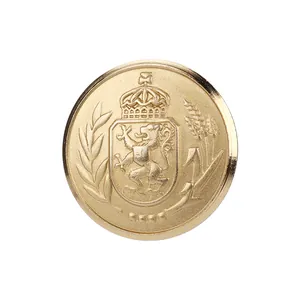 Bottone vintage di lusso in ottone dorato con leone araldico e corona in rilievo