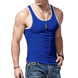 Close-up detail of men's slim fit American style royal blue tank top with white contrast trim