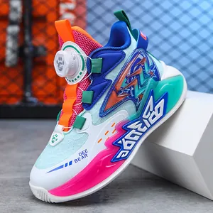 Vibrant boys' breathable mesh basketball shoes featuring a convenient rotary buckle system