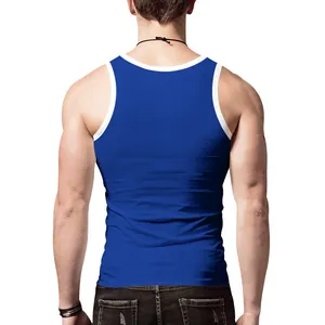 Back view of men's slim fit blue tank top with white contrast trim and cotton fabric