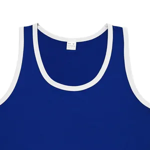 Detail of blue men's tank top showing the white ribbed neckline and size M tag.