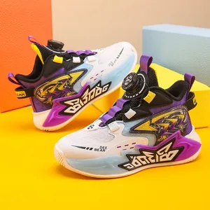 Breathable boys' basketball shoes with rotating dial buckle in purple and white colorway