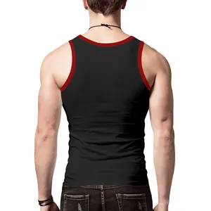 Back view of men's slim-fit athletic tank top with red contrast trim on black