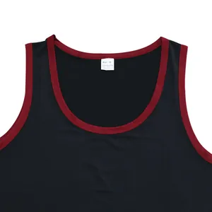 Detail shot of men's athletic tank top neckline with Size M polyester care label.