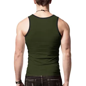 Back view of a men's slim fit olive green tank top featuring black contrast piping detail