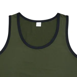 Detail of men's olive green tank top neckline with black trim and white size label