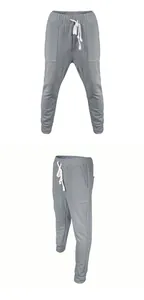 Detailed views of grey jacquard joggers featuring drawstring waist and textured pattern