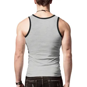 Back view of a men's slim fit athletic tank top in grey with black trim details