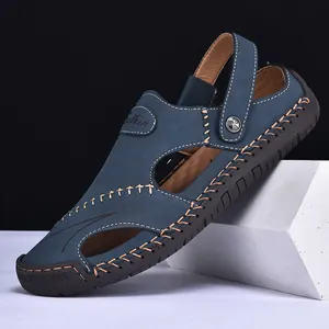 Men's blue leather outdoor sandals with handmade stitching and rubber sole