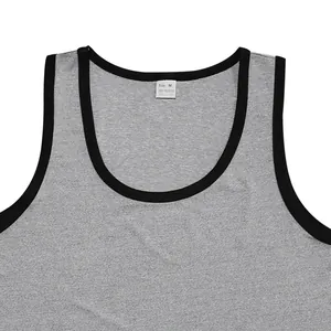 Close-up detail of a men's athletic tank top featuring contrast trim and size M tag