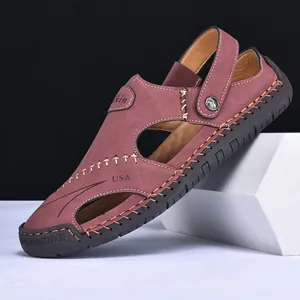 Men's reddish-brown leather casual outdoor sandals shown from a side profile view
