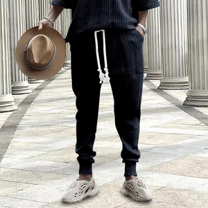 Men Jacquard Knit Casual Pants Relaxed Fit Drawstring Joggers Polyester Cotton Blend Thick Warm Sweatpants Streetwear Men Bottom