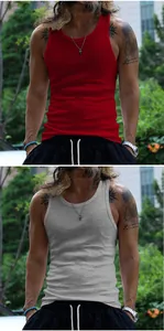 High-quality men's ribbed slim-fit sleeveless tank tops in red and grey colors for sports