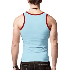 Back view of men's slim fit light blue tank top with red trim sporty casual undershirt.