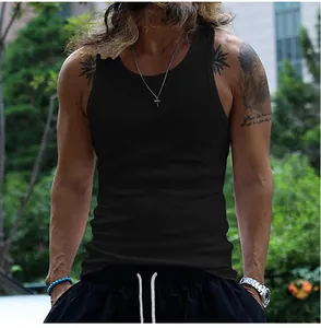 Close-up view of a black slim-fit ribbed tank top for men showing fabric texture